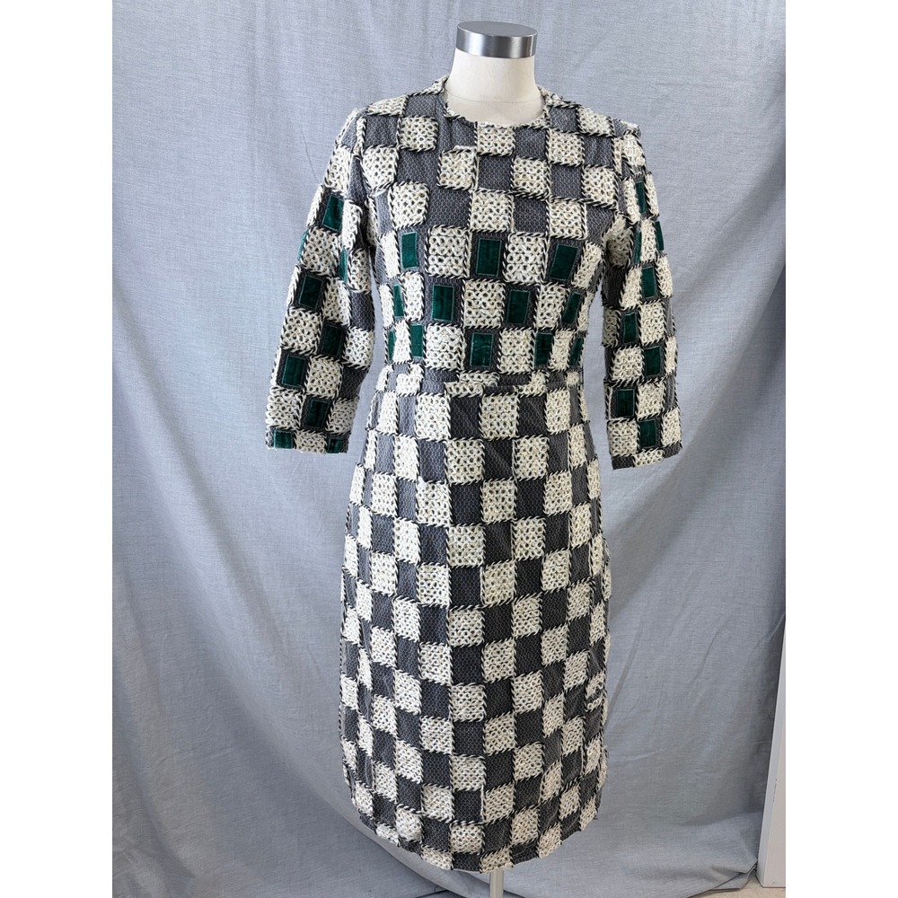 Sara Navon Womens Grey Cream Checkered Velvet Accent Sheath Midi Dress Small